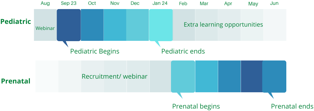 Timeline in gradations of blue showing Cohort 1 and Cohort 2